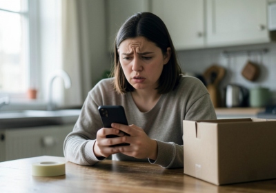 A person looking warily at a smartphone showing a suspicious payment notification while sitting at a table