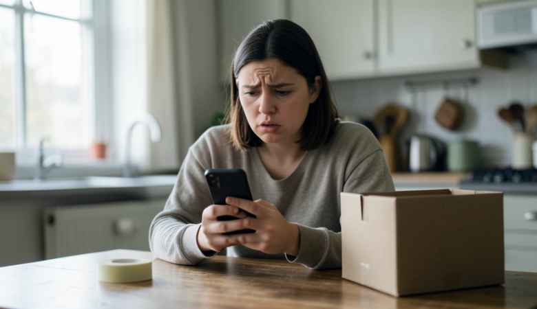 A person looking warily at a smartphone showing a suspicious payment notification while sitting at a table