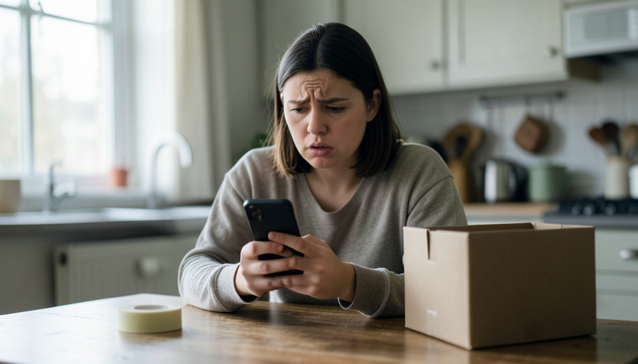 A person looking warily at a smartphone showing a suspicious payment notification while sitting at a table