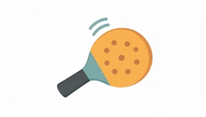 A minimalist illustration of a pickleball paddle with a perforated ball motif and small vibration lines near the handle