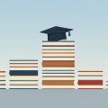 Stacks of books at different heights arranged like a comparison chart with a graduation cap on the tallest