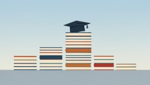 Stacks of books at different heights arranged like a comparison chart with a graduation cap on the tallest