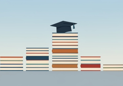 Stacks of books at different heights arranged like a comparison chart with a graduation cap on the tallest