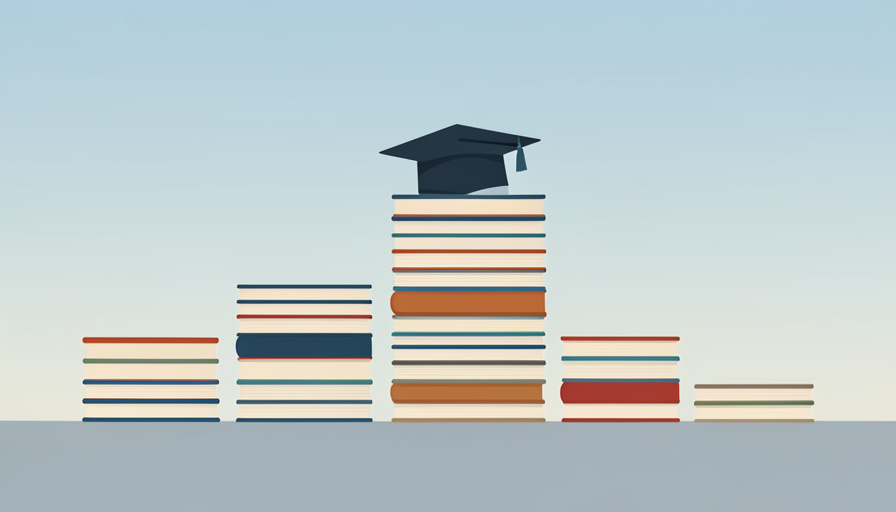Stacks of books at different heights arranged like a comparison chart with a graduation cap on the tallest