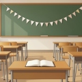 Empty classroom with rows of desks and a string of pennants dipping downward above a green chalkboard