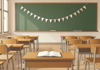 Empty classroom with rows of desks and a string of pennants dipping downward above a green chalkboard