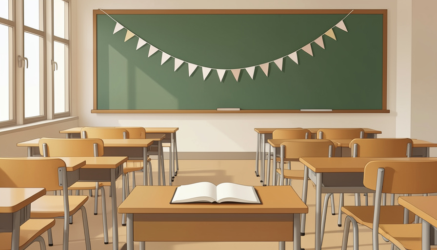 Empty classroom with rows of desks and a string of pennants dipping downward above a green chalkboard
