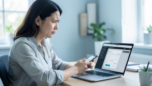 A person at a desk looking at a laptop and phone while trying to link a bank account in an app