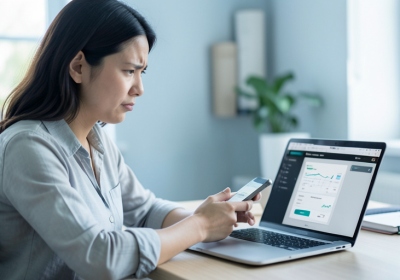A person at a desk looking at a laptop and phone while trying to link a bank account in an app
