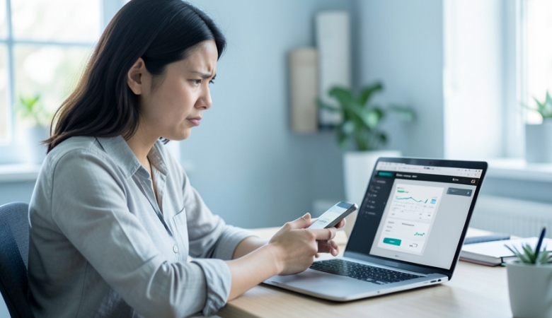 A person at a desk looking at a laptop and phone while trying to link a bank account in an app