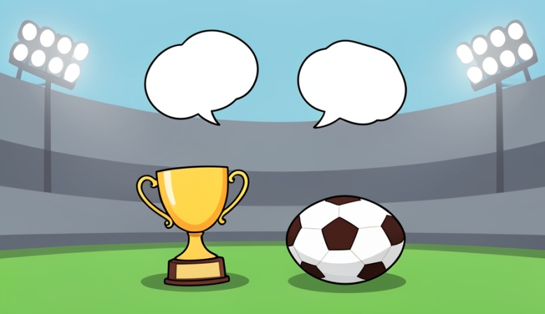 A small man-of-the-match trophy beside a football on grass under stadium lights