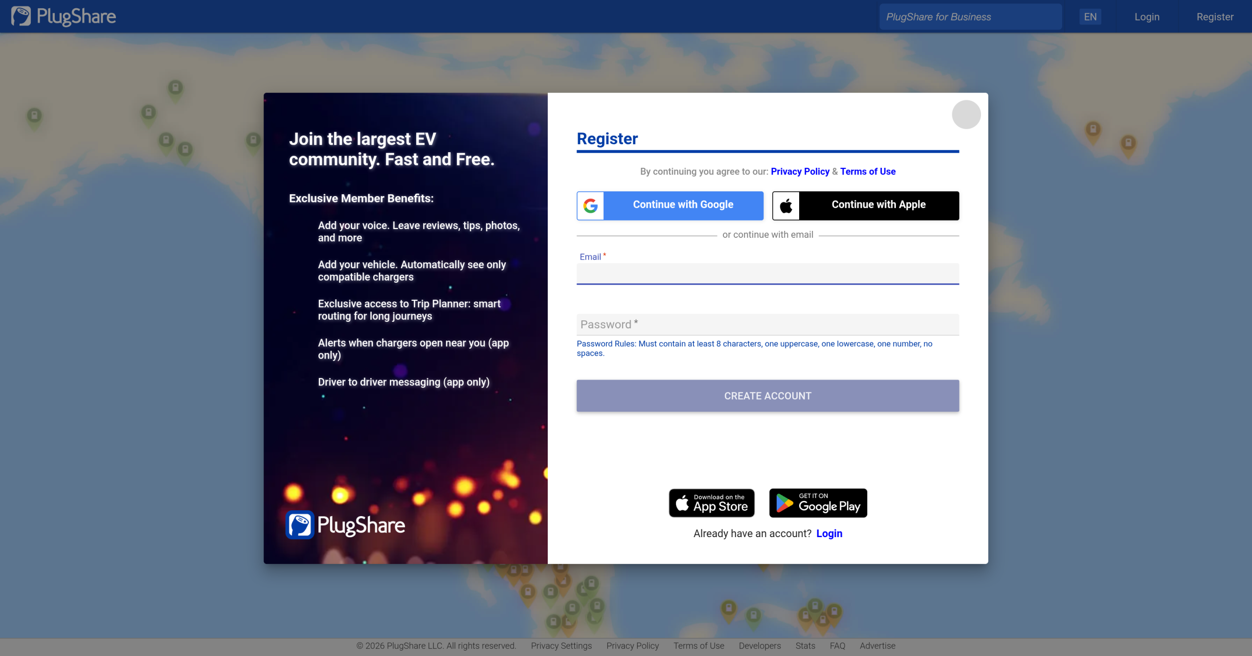 PlugShare homepage inviting drivers to join the EV community