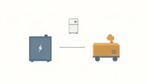 Illustration of a battery power station and a gas generator with a refrigerator icon, comparing backup power options