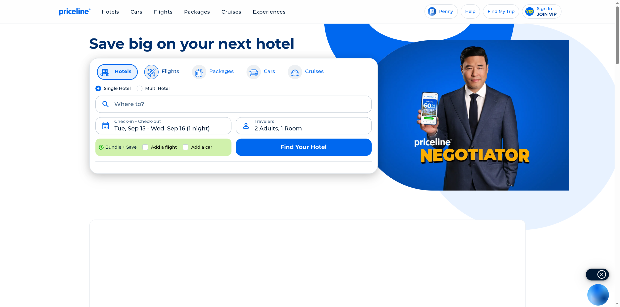 Priceline flight and travel booking homepage