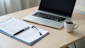 A person organizing medical paperwork and a laptop at a desk to submit a prior authorization