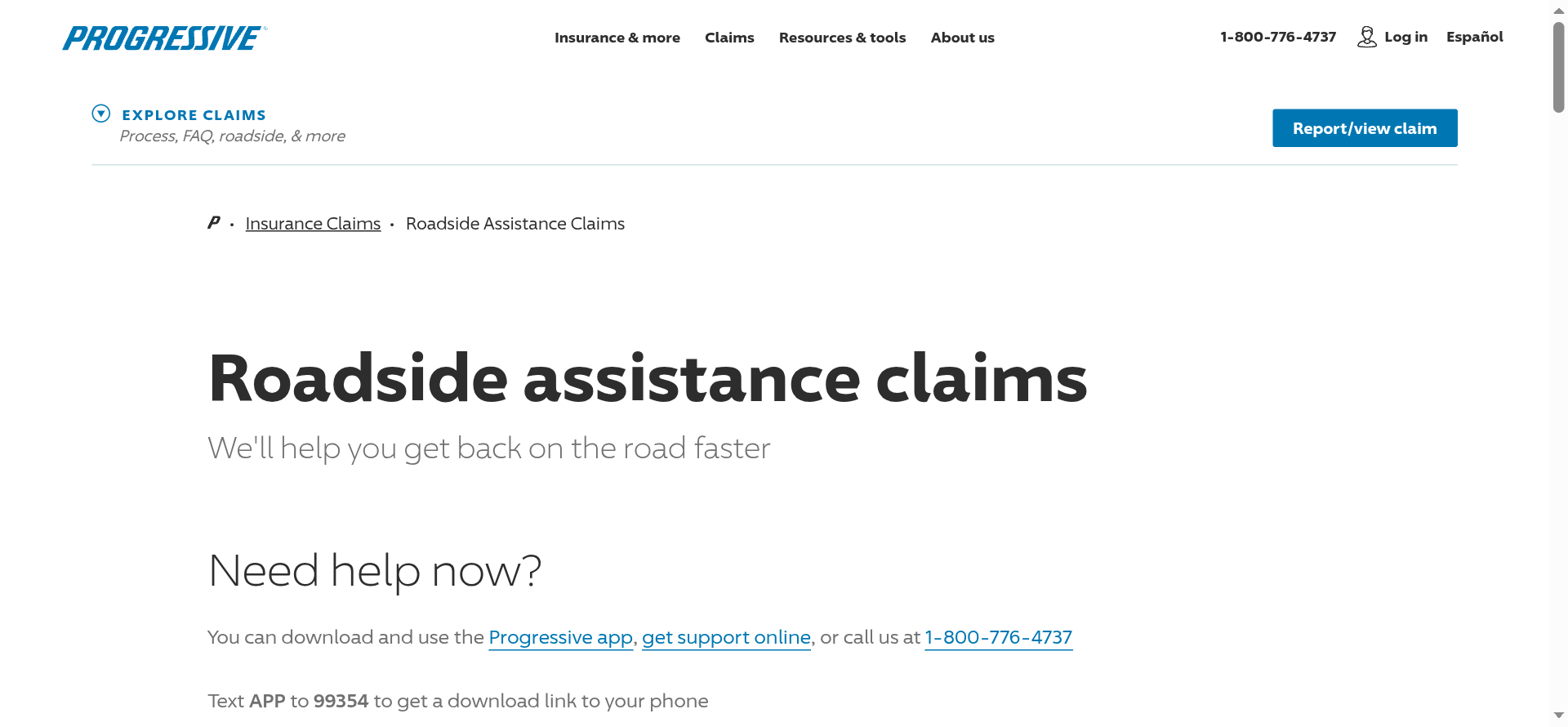 Progressive roadside assistance page