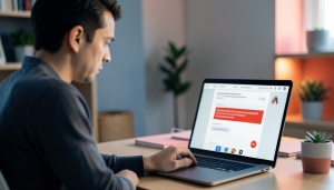 A person at a laptop seeing a blocked-message warning in a chat app, looking puzzled at their desk