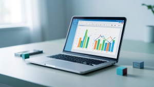 A person analyzing spreadsheet data and charts on a laptop at a desk