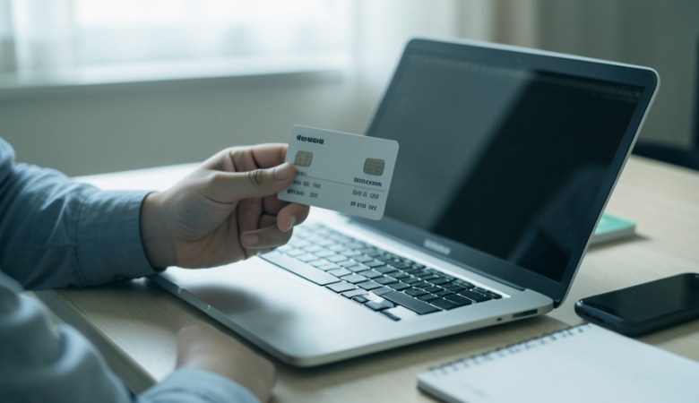 A person holding a credit card while reviewing account details on a laptop at a desk