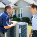 An HVAC technician inspecting an outdoor heat pump unit beside a house while a homeowner looks on