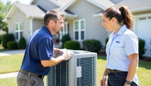An HVAC technician inspecting an outdoor heat pump unit beside a house while a homeowner looks on