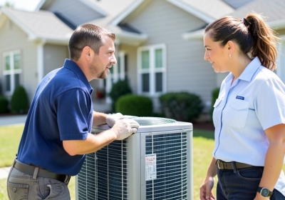 An HVAC technician inspecting an outdoor heat pump unit beside a house while a homeowner looks on