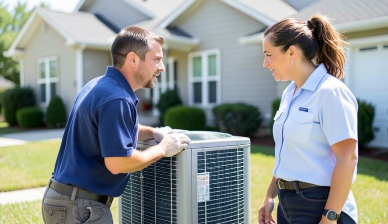 An HVAC technician inspecting an outdoor heat pump unit beside a house while a homeowner looks on