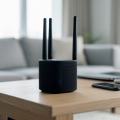A modern WiFi 7 router on a shelf in a living room with a laptop and phone nearby