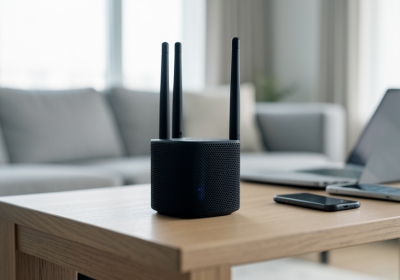 A modern WiFi 7 router on a shelf in a living room with a laptop and phone nearby