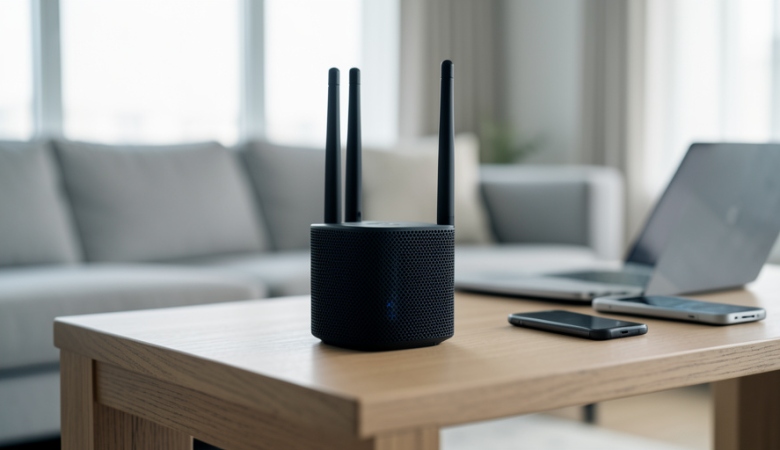 A modern WiFi 7 router on a shelf in a living room with a laptop and phone nearby