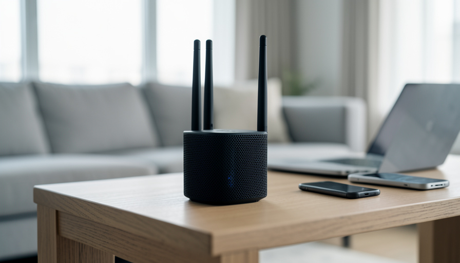 A modern WiFi 7 router on a shelf in a living room with a laptop and phone nearby