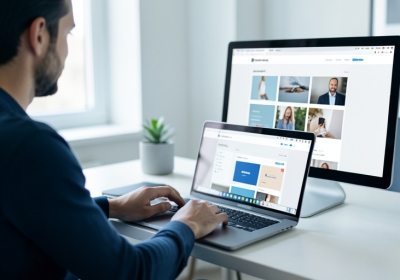 A web developer working on a WordPress site design on a laptop and monitor at a desk