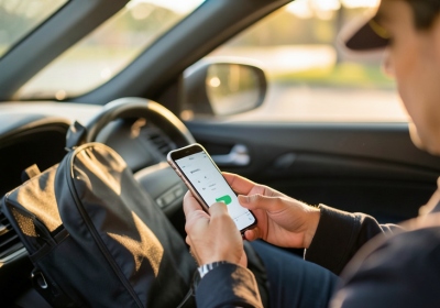 A gig worker in a parked car checking a mileage tracking app on a phone with delivery bags on the seat