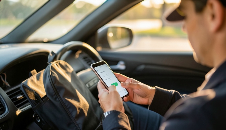 A gig worker in a parked car checking a mileage tracking app on a phone with delivery bags on the seat