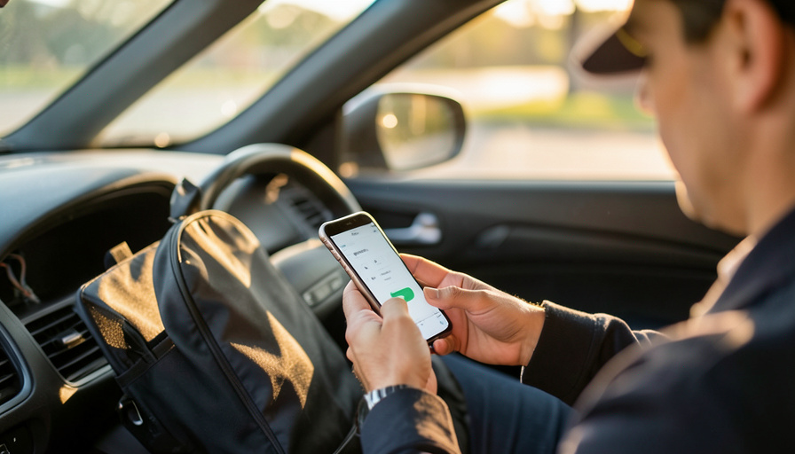 A gig worker in a parked car checking a mileage tracking app on a phone with delivery bags on the seat