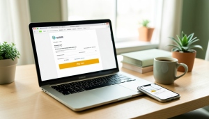 A small business owner sending an invoice on a laptop with a phone showing a pay-now button nearby