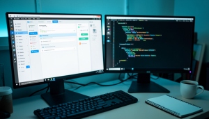 A developer reviewing WordPress SEO plugin settings and schema output on two screens at a desk