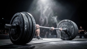 Chalked hands gripping a heavily loaded barbell under stacked plates on an arena stage