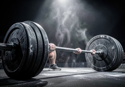 Chalked hands gripping a heavily loaded barbell under stacked plates on an arena stage