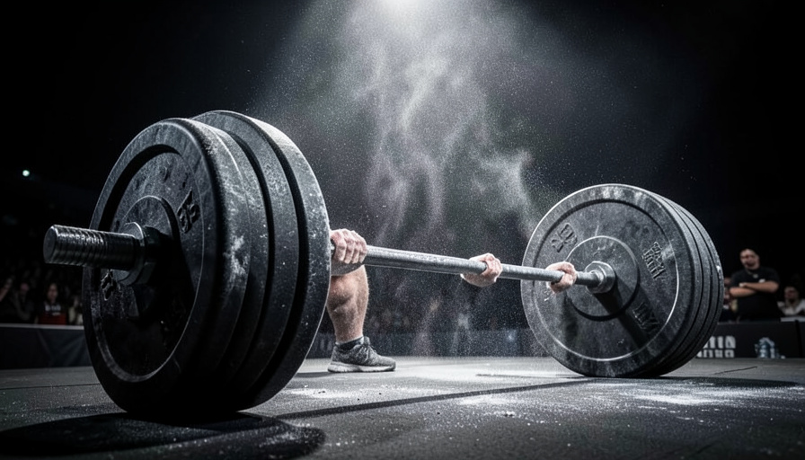 Chalked hands gripping a heavily loaded barbell under stacked plates on an arena stage