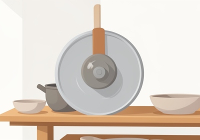 A potter's wheel with grey clay and simple unglazed ceramic bowls on a wooden shelf in a studio