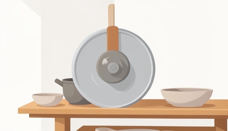 A potter's wheel with grey clay and simple unglazed ceramic bowls on a wooden shelf in a studio