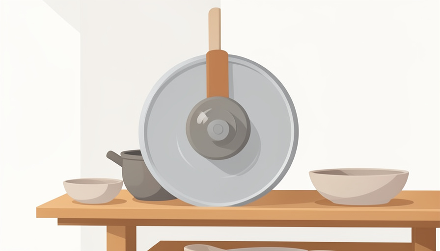 A potter's wheel with grey clay and simple unglazed ceramic bowls on a wooden shelf in a studio