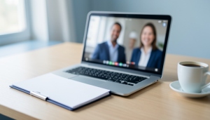 A laptop on a desk showing a video call beside a folder of new-hire paperwork