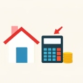 A house icon beside a calculator with a blank display, an upward cost arrow, and stacked coins