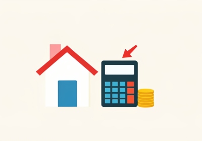 A house icon beside a calculator with a blank display, an upward cost arrow, and stacked coins