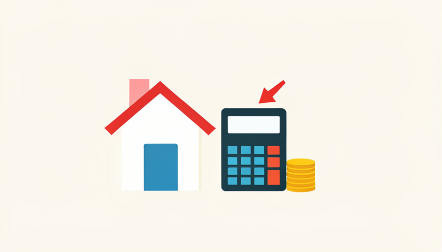 A house icon beside a calculator with a blank display, an upward cost arrow, and stacked coins