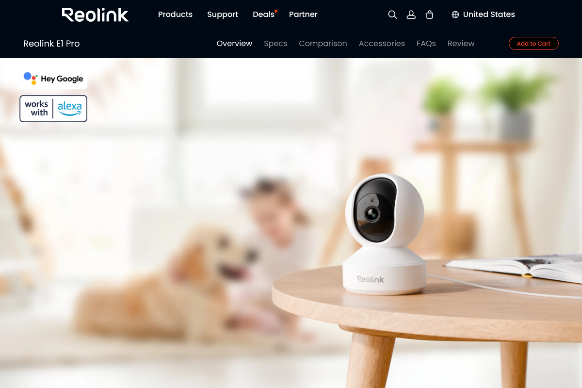 Reolink E1 Pro indoor camera product page with microSD local storage