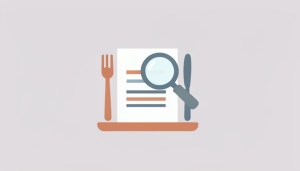 A minimalist illustration of a restaurant bill on a tray with a magnifying glass over one highlighted line, beside a fork and knife