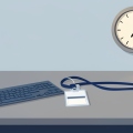 Office desk with a keyboard, an access badge on a lanyard, and a wall clock